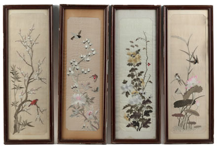 <b>FOUR SILK EMBROIDERED PICTURES DEPICTING FLOWERS AND BIRDS OF THE FOUR SEASONS</b>