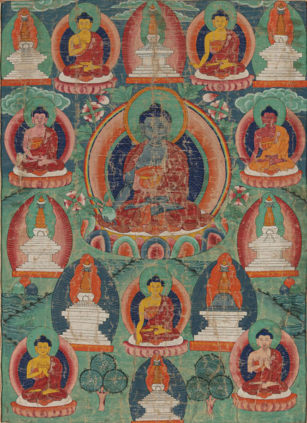 <b>A THANGKA DEPICTING THE EIGHT MEDICINE BUDDHAS SURROUNDED BY EIGHT STUPAS</b>
