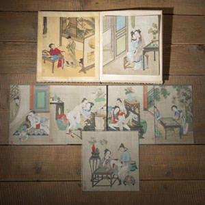<b>SIX LOOSE ALBUM LEAVES WITH FINE PAINTINGS OF EROTIC SCENES AND A LEPORELLO EROTIC ALBUM. INK AND COLORS ON SILK</b>