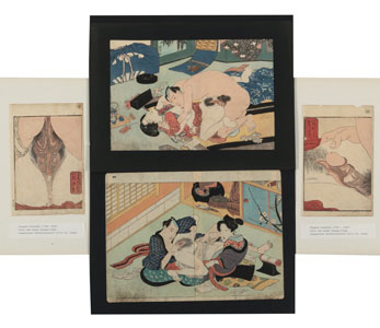 <b>TWO PAGES (UTAGAWA KUNISADA) FROM A SHUNGA ALBUM AND TWO DOUBLE BOOK PAGES WITH EROTIC SCENES</b>