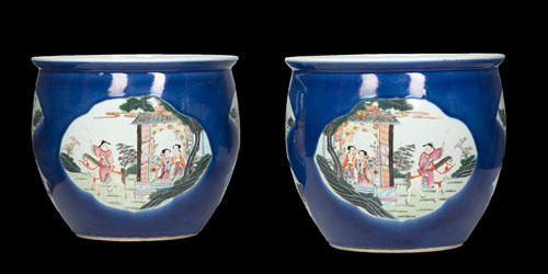 <b>A PAIR OF 'FAMILLE ROSE' FIGURAL QUADRILOBED RESERVES ON POWDER-BLUE GROUND JARDINIÈRES</b>