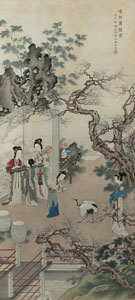 <b>Huang Jun (1914-2011): Musizierende und tanzende Damen mit Kranich im Garten. Tusche und Farben auf Papier</b>