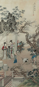 <b>HUANG JUN (1914-2011): LADIES BY PLAYING MUSIC AND DANCING WITH A CRANE IN THE GARDEN. INK AND COLORS ON PAPER</b>