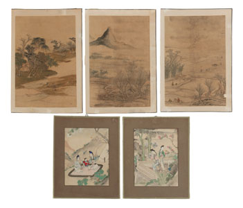<b>A SET OF THREE ALBUM LEAVES DEPICTING FIELD LANDSCAPES AND FARMERS AND A PAIR OF ALBUM LEAVES WITH LADIES PLAYING MUSIC. INK AND COLORS ON SILK</b>