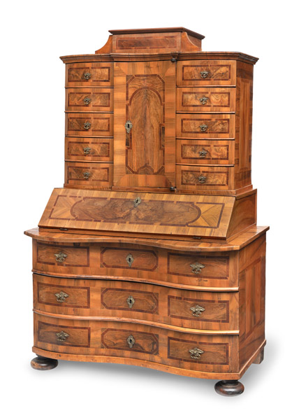 <b>A SOUTH GERMAN ORMOLU-MOUNTED WALNUT AND FRUITWOOD WRITING CABINET</b>