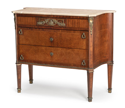 <b>A FRENCH BRASS MOUNTED BURR ELM, TULIPWOOD AND FRUITWOOD MARQUETRY COMMODE</b>