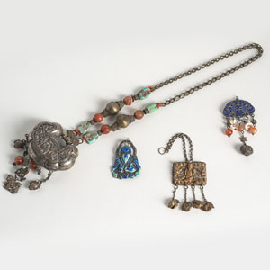 <b>A GROUP OF PARTLY ENAMELLED PENDANTS AND A NECKLACE</b>