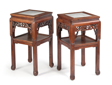 <b>A PAIR OF HARDWOOD STANDS WITH MARBLE TOPS</b>