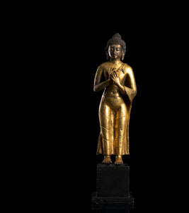 <b>Stehende feuervergoldete Bronze des Buddha Shakyamuni</b>