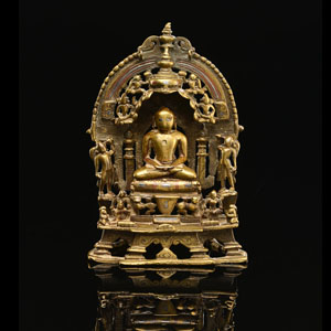 <b>Altar des Jain Tirthankara aus Bronze mit Kupfer- und Silbereinlagen und Inschrift auf der Rückseite</b>