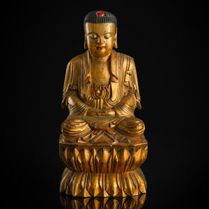<b>Figur des Buddha aus Holz mit Lackauflage und Vergoldung</b>