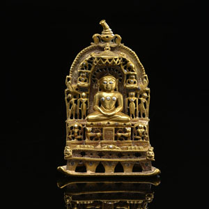 <b>Altar des Jain Tirthankara aus Bronze mit Silber- und Kupfereinlagen und Inschrift auf der Rückseite</b>