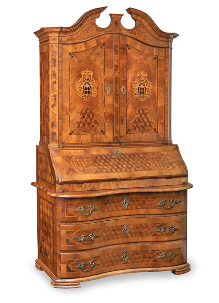 <b>A LARGE BAROUQE BRASS MOUNTED WALNUT BOG OAK AND PLUM MARQUETRIED WRITING CABINET A-TROIS-CORPS</b>