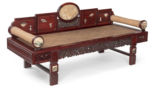 <b>A 'DREAMSTONE'-INLAID MATTED SEAT AND ARMREST 'LINGZHI' APRON 'LUOHAN' BED</b>