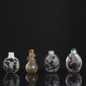 <b>FOUR OVERLAY BEIJING GLASS SNUFFBOTTLES</b>