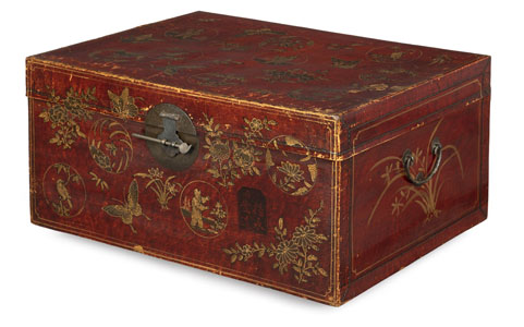 <b>A LEATHER-CLAD CHEST WITH FLORAL, BUTTERFLY, AND FIGURAL MOTIFS</b> <b>A LEATHER-CLAD CHEST WITH FLORAL, BUTTERFLY, AND FIGURAL MOTIFS</b>