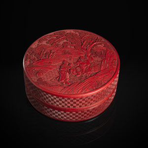 <b>A FINE CIRCULAR CINNABAR LACQUER BOX AND COVER WITH GUANYU AND A GENERAL ON THE COVER</b>