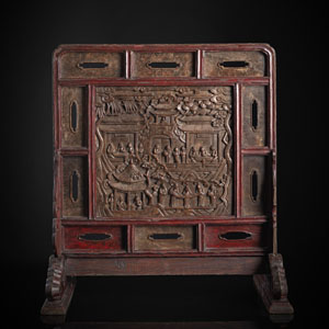 <b>A LACQUERED WOODEN SCREEN WITH WELL CARVED SOAPSTONE PANELS</b>