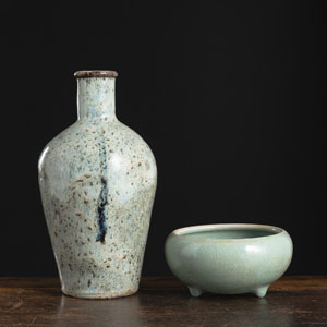 <b>A SHIWAN STONEWARE BOTTLE VASE AND A TRPOD INCENSE BURNER WITH CELADON GLAZE</b>