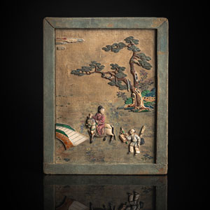 <b>Schiebebild mit erotischen Szenen in Speckstein über gemaltem Seidenfond intarsiert</b>