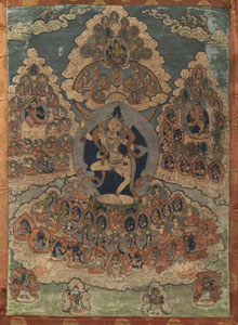 <b>Thangka mit zentraler Darstellung einer Dakini umgeben von zahlreichen weiteren Gottheiten</b>