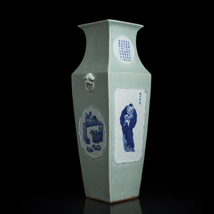 <b>A SQUARE CELADON-GROUND PORCELAIN VASE WITH BLUE AND WHITE INSCRIBED PANELS AND FIGURES</b>
