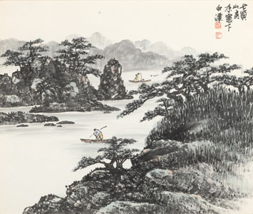 <b>INN-SOO KIM (B. 1948): A RIVER LANDSCAPE WITH A FISHING BOAT. INK AND FEW COLORS ON PAPER</b>