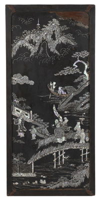 <b>A MOTHER-OF-PEARL-INLAID FIGURES IN A RIVER LANDSCAPE WOOD PANEL</b>