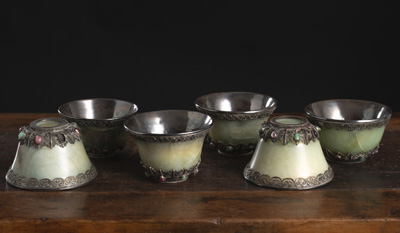 <b>SIX SILVER-MOUNTED BOWENITE BOWLS</b> <b>SIX SILVER-MOUNTED BOWENITE BOWLS</b>