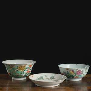 <b>TWO 'FAMILLE ROSE' PORCELAIN BOWLS AND A DISH</b>