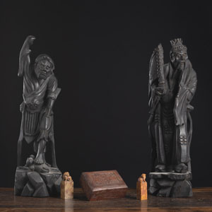 <b>TWO WOOD FIGURES, A 'THREE MONKEYS' BOX AND COVER, AND TWO SOAPSTONE SEALS</b>