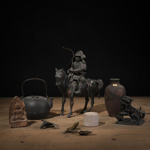 <b>A GROUP OF VARIOUS WORKS OF ART, A.O. A HORSE-RIDING SAMURAI, A FO-LION, A TETSUBIN, A TSA-TSA</b>