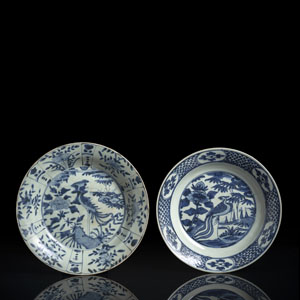 <b>TWO BLUE AND WHITE PHOENIX SWATOW WARE DISHES</b>
