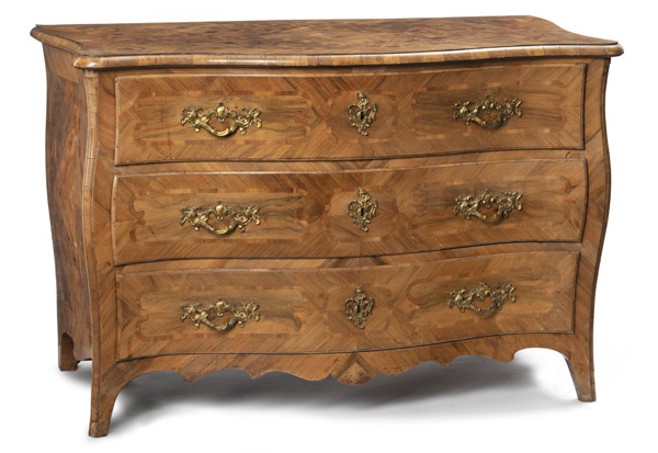 <b>A BRASS MOUNTED WALNUT AND PLUM BAROQUE STYLE COMMODE</b>
