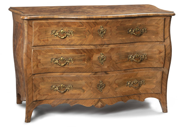 <b>A BRASS MOUNTED WALNUT AND PLUM BAROQUE STYLE COMMODE</b> <b>A BRASS MOUNTED WALNUT AND PLUM BAROQUE STYLE COMMODE</b>