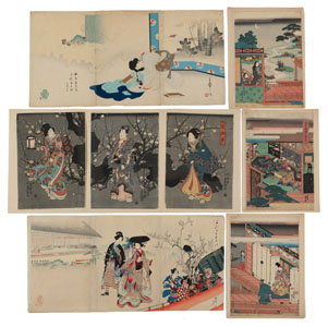 <b>FOUR TRIPTYCHS OF WOODBLOCK PRINTS DEPICTING FIGURAL SCENES BY TOYOKUNI ETC.</b>