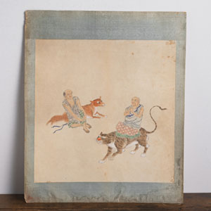 <b>THREE ALBUM LEAVES WITH PAINTINGS OF LUOHAN AND MYTHICAL BEASTS</b>