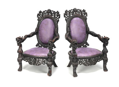 <b>A PAIR OF STATELY DRAGON ARMREST AND OPENWORK THRONE CHAIRS</b>