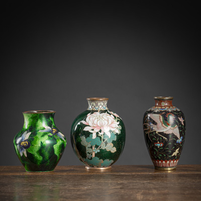 <b>A GROUP OF THREE CLOISONNÉ ENAMEL VASES</b>