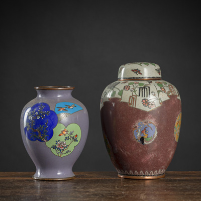 <b>A CLOISONNE JAR AND COVER AND A PURPLE VASE</b>