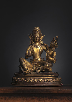 <b>Seltene feuervergoldete Bronze des Indra und seiner Gemahlin Indrani</b>