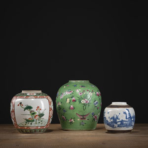 <b>THREE POLYCHROME PORCELAIN JARS</b> <b>THREE POLYCHROME PORCELAIN JARS</b>