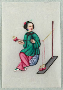 <b>Sammlung von 60 feinen Miniaturmalereien auf Pith mit Personendarstellungen, in einer Leder-Buchkassete</b>