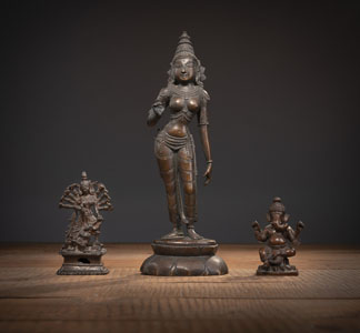 <b>THREE BRONZE FIGURES OF LAKSHMI, GANESHA, AND DURGA KILLING THE BUFFALO DEMON</b>