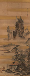 <b>A HANGING SCROLL DEPICTING A LANDSCAPE WITH A SCHOLAR'S SUDIO AFTER KANO TANSHIN. INK AND COLORS ON SILK</b>