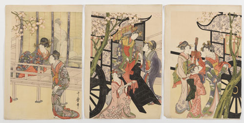 <b>VARIOUS WOODBLOCK PRINT ARTISTS: TWO TRIPTYCHS  AMONG OTHERS BY KITAGAWA UTAMARO (1753-1806) AND SIX  PRINTS DEPICTING ANIMALS OR FIGURAL SCENES</b>