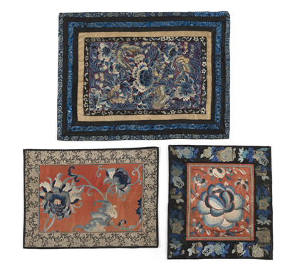 <b>THREE SILK FLORAL, BATS, AND BUTTERFLY EMBROIDERIES</b> <b>THREE SILK FLORAL, BATS, AND BUTTERFLY EMBROIDERIES</b>