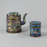 <b>A CLOISONNÉ-ENAMEL BOX AND COVER AND TEAPOT DECORATED WITH ANTIQUITIES</b>