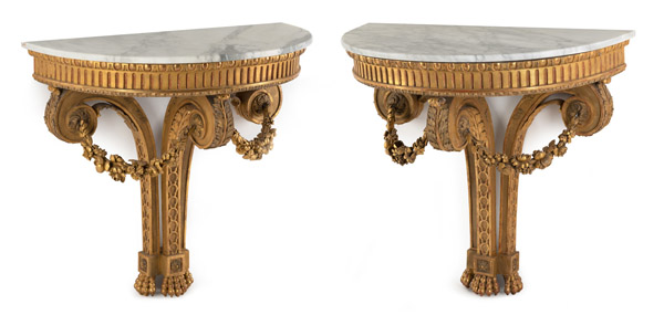 <b>A PAIR OF FRENCH GILTWOOD CONSOLE TABLES</b>