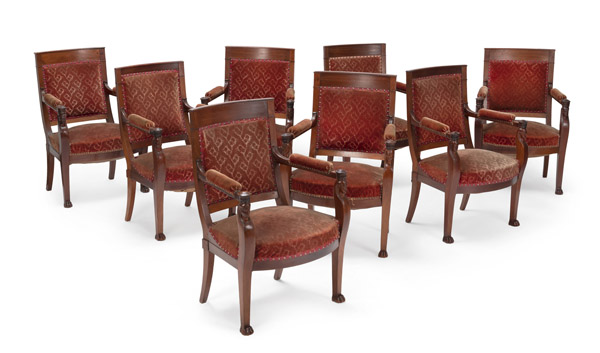 <b>A SET OF EIGHT EMPIRE CARVED MAHOGANY FAUTEUILS</b>